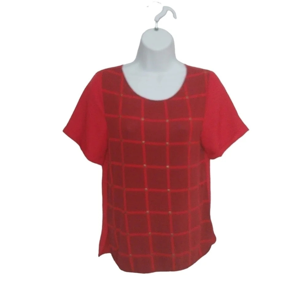 Attitude by  Jay Manuel Blouse/T-shirt Brass Studs, Checker, Red, M